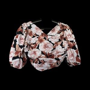 Express Floral Puff-Sleeve Crop Top in Black & Blush